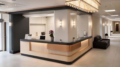 A recepciópult a szálloda előterében, mögötte a folyosó és a függesztett kristályos világítótest